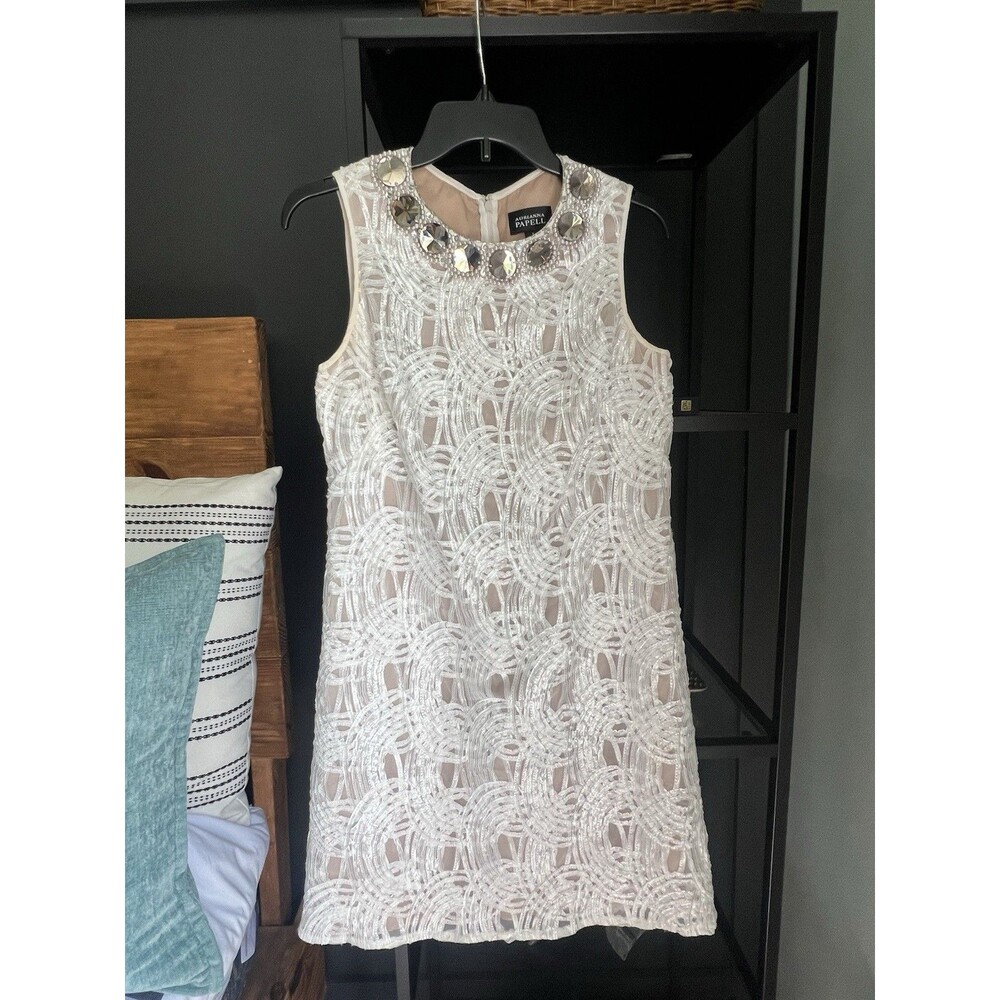 Adrianna Papell Ivory Lace Jeweled Collared Dress SZ 6. Wedding Black Tie